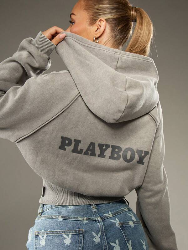 Missguided X Playboy Cropped Hoodie With Cinch Waist And Logo