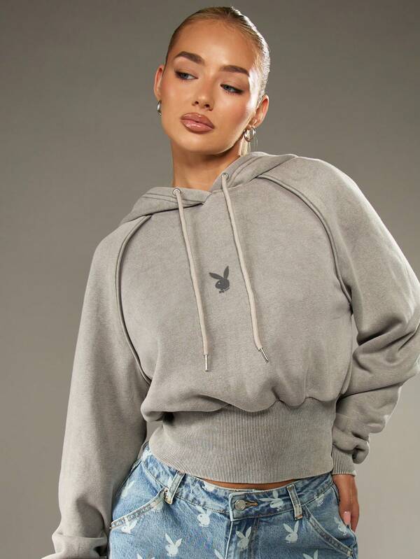 Missguided X Playboy Cropped Hoodie With Cinch Waist And Logo