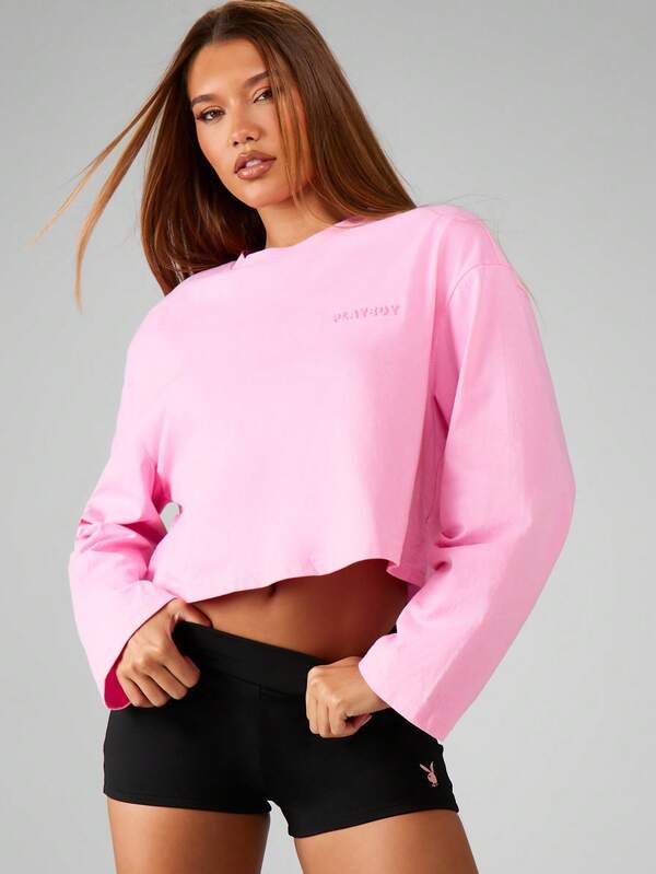 Missguided X Playboy Cropped Long Sleeve Embossed Sweatshirt