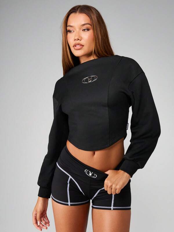 Missguided x Playboy Cropped Long Sleeve Sweatshirt With Curved Hem And Logo Detail
