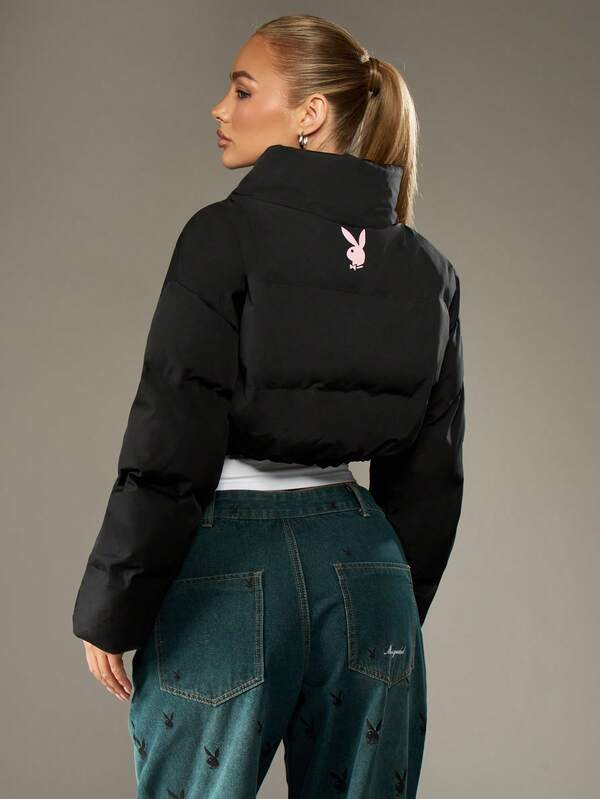Missguided X Playboy Cropped Quilted Puffer Jacket With High Neck And Padded Design