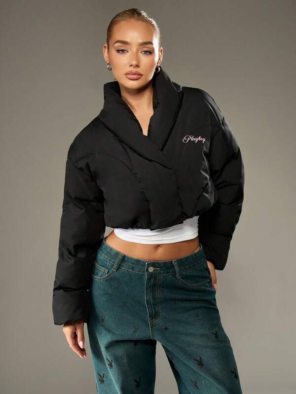 Missguided X Playboy Cropped Quilted Puffer Jacket With High Neck And Padded Design