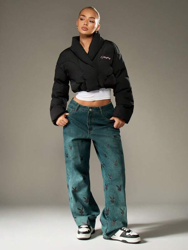 Missguided X Playboy Cropped Quilted Puffer Jacket With High Neck And Padded Design