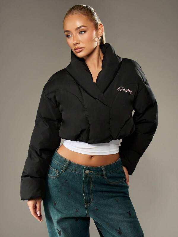 Missguided x Playboy Cropped Quilted Puffer Jacket With High Neck And Padded Design