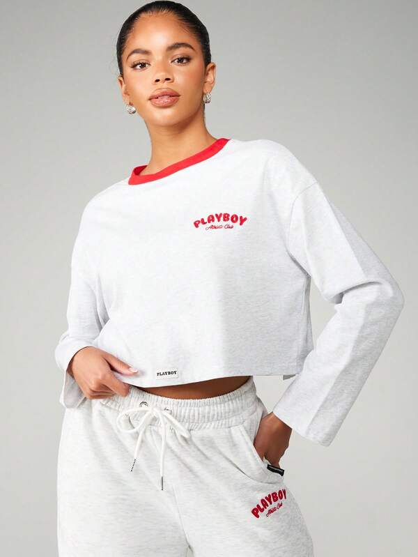 Missguided X Playboy Cropped Sweater And Wide Leg Pants With Logo Print