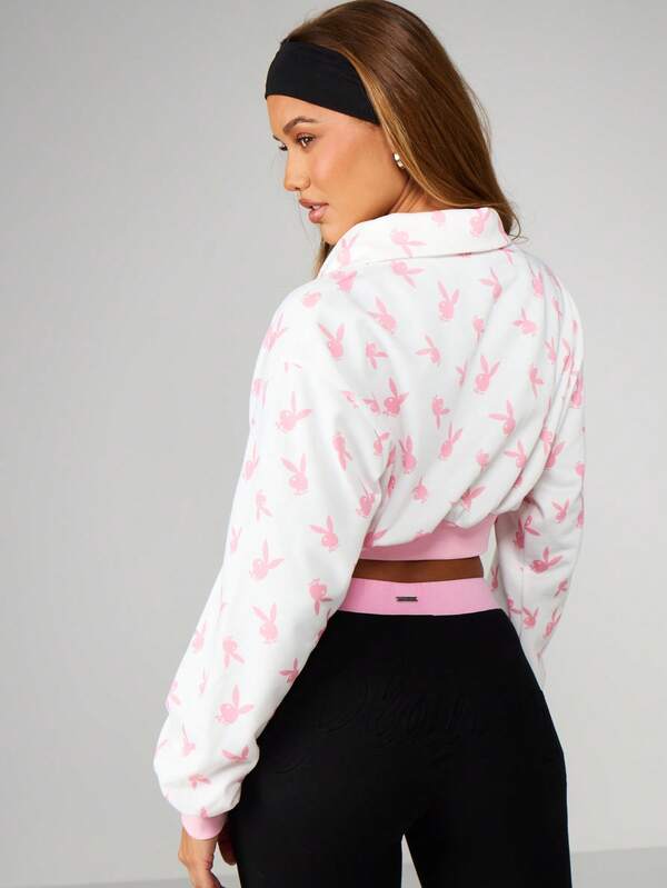 Missguided X Playboy Cropped Sweatshirt With Quarter Zip And Bunny Print
