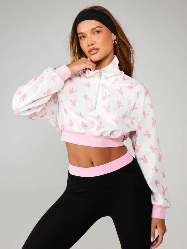 Missguided X Playboy Cropped Sweatshirt With Quarter Zip And Bunny Print