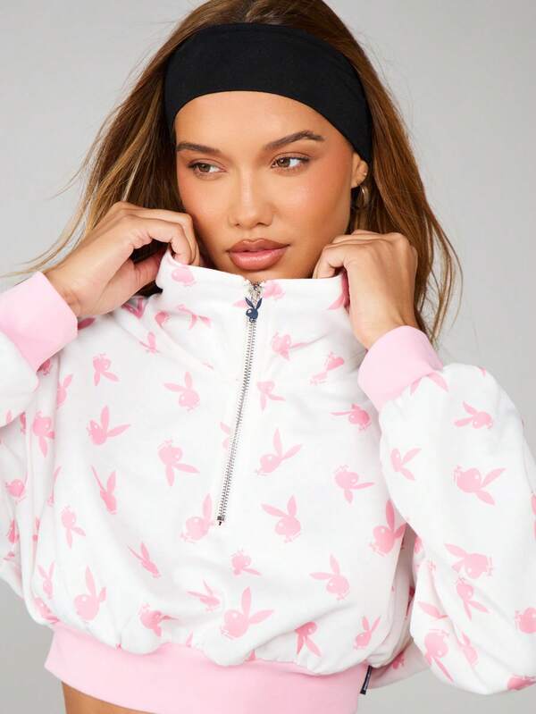 Missguided x Playboy Cropped Sweatshirt With Quarter Zip And Bunny Print