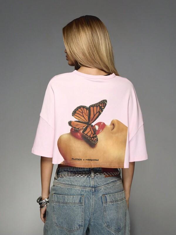 Missguided x Playboy Cropped T Shirt With Butterfly Print Design