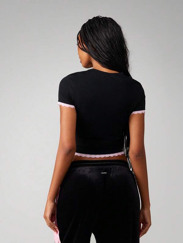 Missguided X Playboy Cropped Tee With Lace Trim And Print