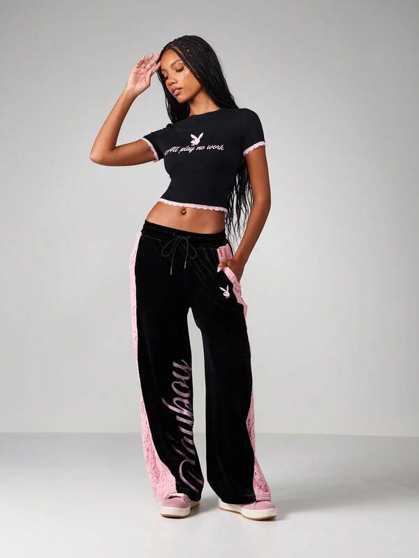 Missguided X Playboy Cropped Tee With Lace Trim And Print