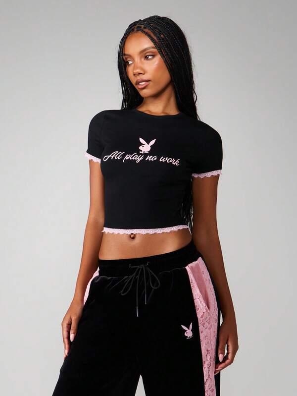 Missguided X Playboy Cropped Tee With Lace Trim And Print