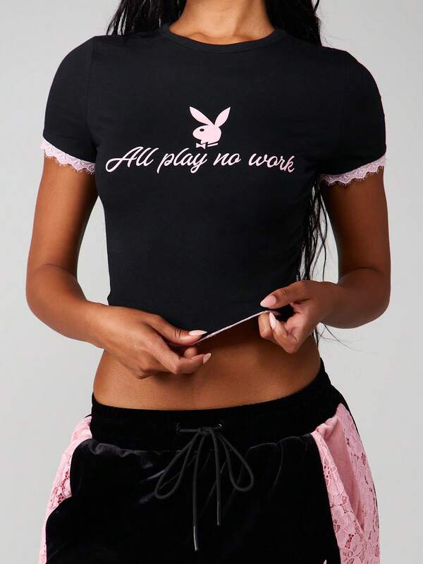 Missguided x Playboy Cropped Tee With Lace Trim And Print