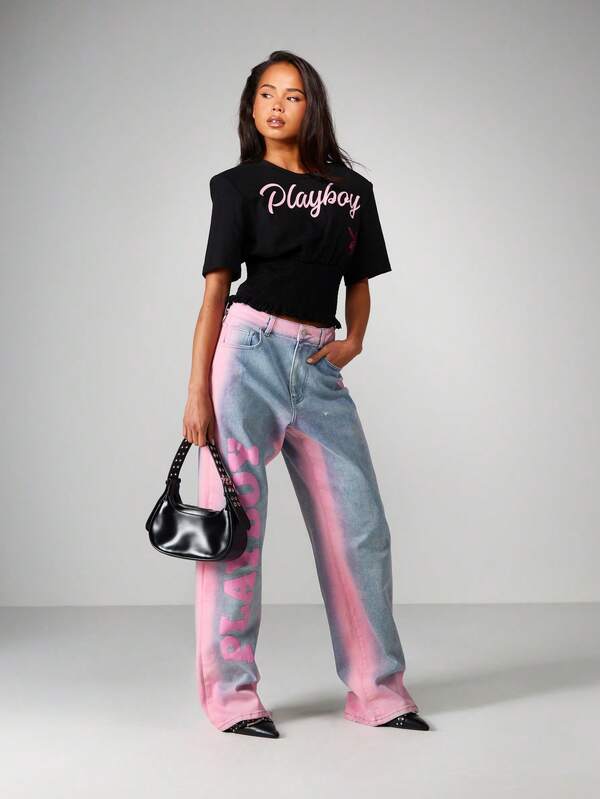 Missguided X Playboy Cropped Tee With Smocked Waist
