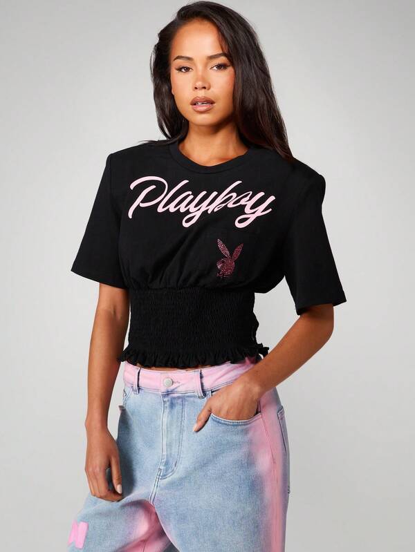 Missguided X Playboy Cropped Tee With Smocked Waist