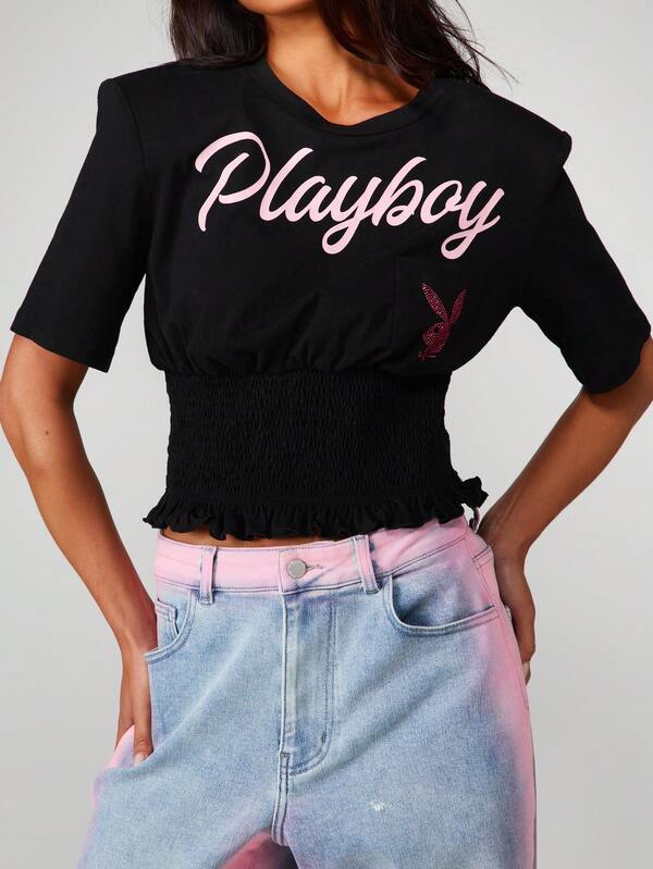 Missguided x Playboy Cropped Tee With Smocked Waist