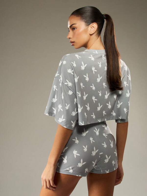Missguided X Playboy Cropped Top And High Waist Shorts With Bunny Print