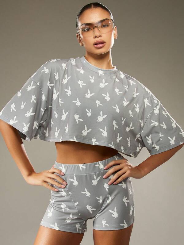 Missguided x Playboy Cropped Top And High Waist Shorts With Bunny Print