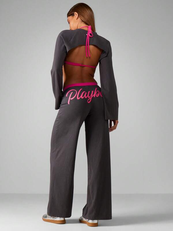Missguided X Playboy Cropped Top With Wide Leg Pants Set