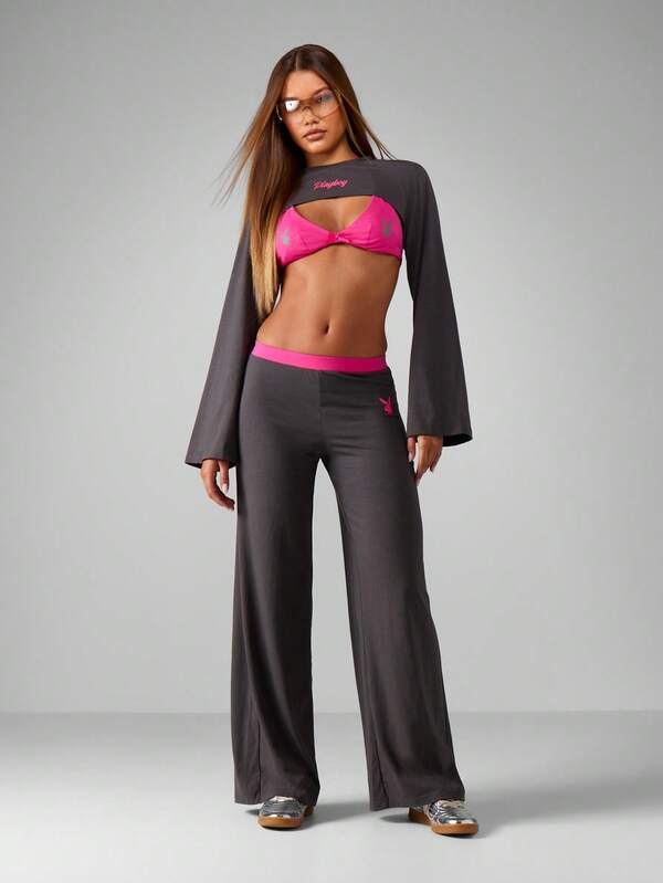 Missguided x Playboy Cropped Top With Wide Leg Pants Set Missguided x Playboy Cropped Top With Wide Leg Pants Set