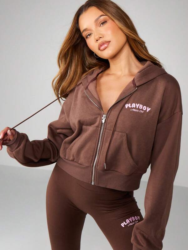 Missguided X Playboy Cropped Zip Hoodie With Drawstring