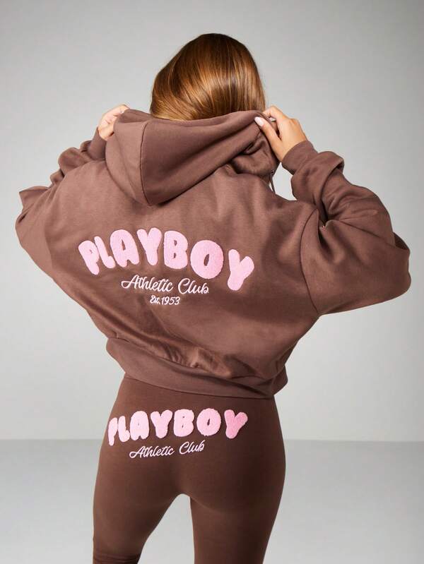 Missguided X Playboy Cropped Zip Hoodie With Drawstring