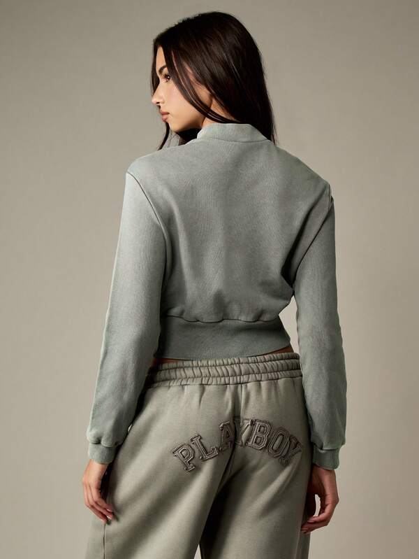 Missguided X Playboy Cropped Zip Through Sweatshirt With Ribbed Details