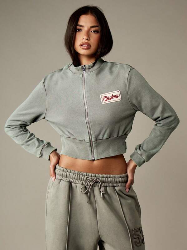 Missguided X Playboy Cropped Zip Through Sweatshirt With Ribbed Details