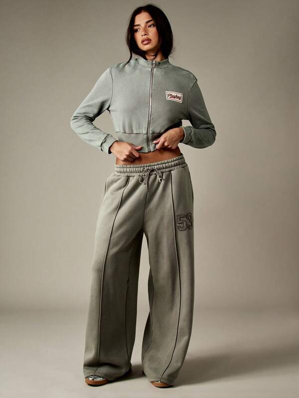 Missguided X Playboy Cropped Zip Through Sweatshirt With Ribbed Details