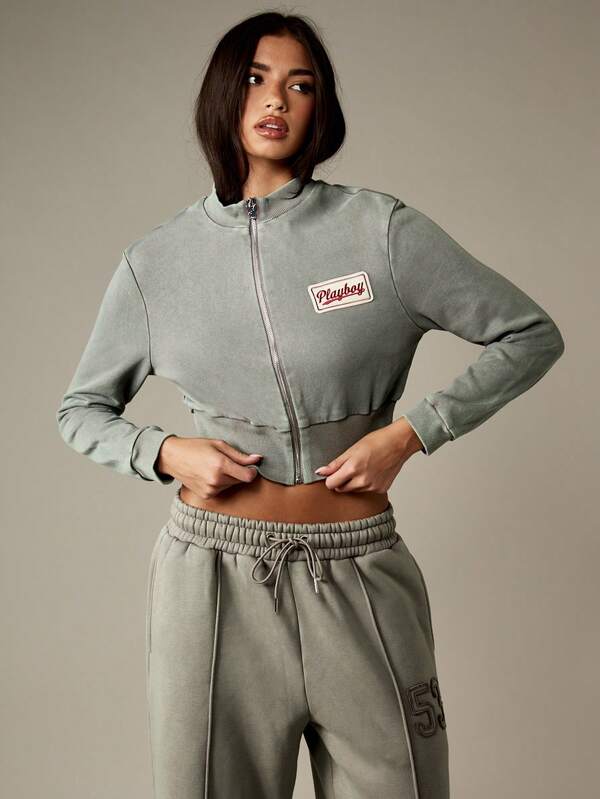 Missguided x Playboy Cropped Zip Through Sweatshirt With Ribbed Details