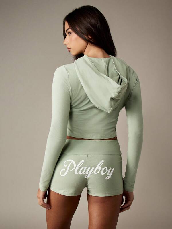 Missguided X Playboy Cropped Zip Up Hoodie And Hot Pants Set