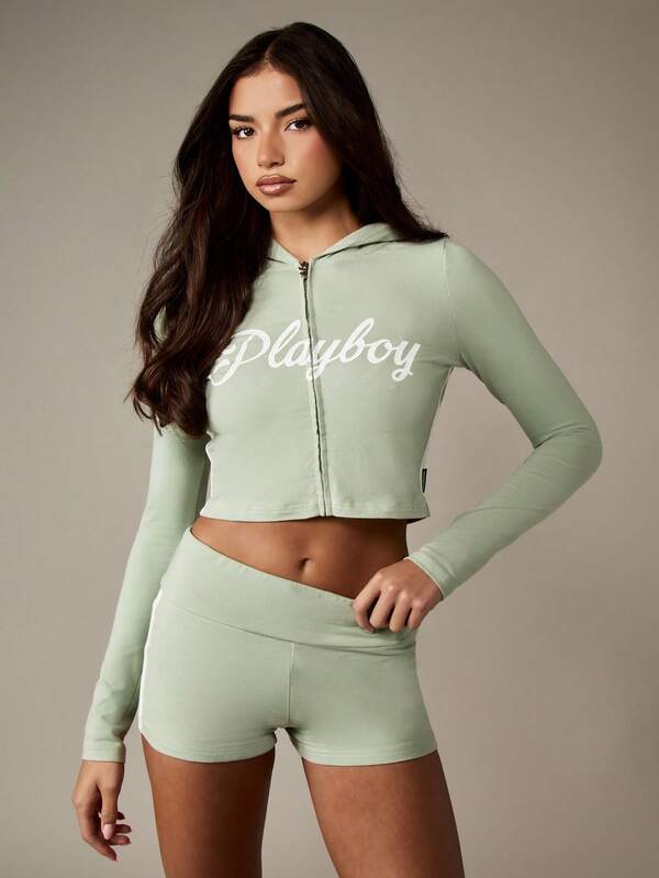 Missguided x Playboy Cropped Zip Up Hoodie And Hot Pants Set