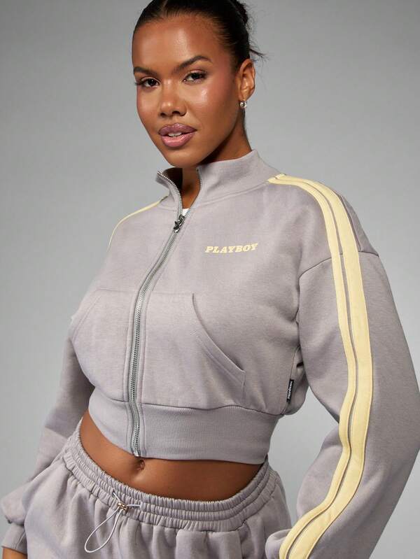 Missguided X Playboy Cropped Zip Up Hoodie With Drawstring
