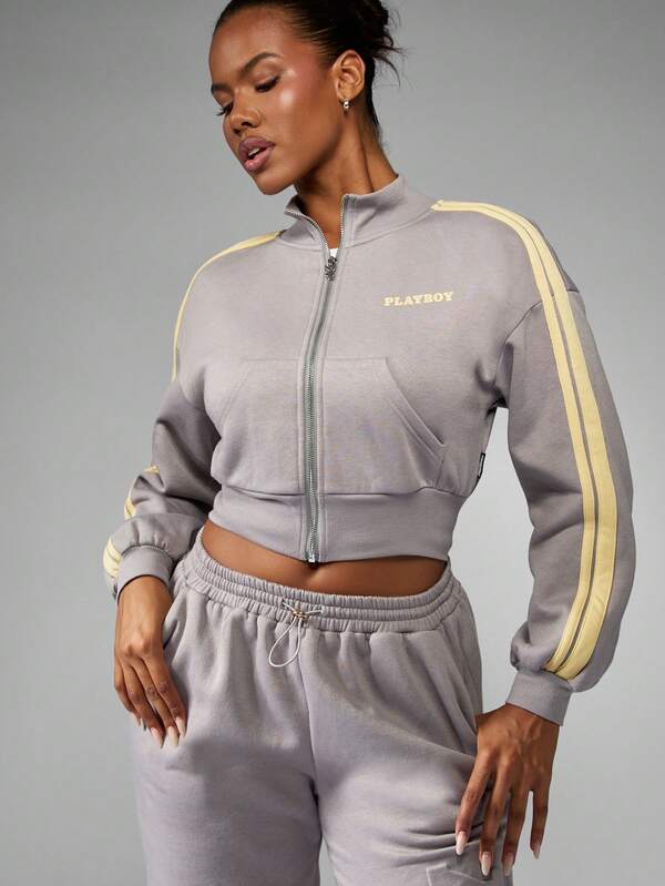 Missguided x Playboy Cropped Zip Up Hoodie With Drawstring