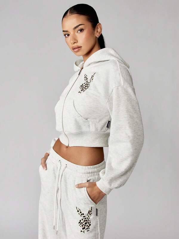 Missguided X Playboy Cropped Zip Up Hoodie With Leopard Print Text