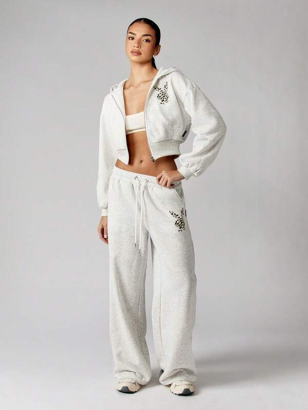 Missguided X Playboy Cropped Zip Up Hoodie With Leopard Print Text
