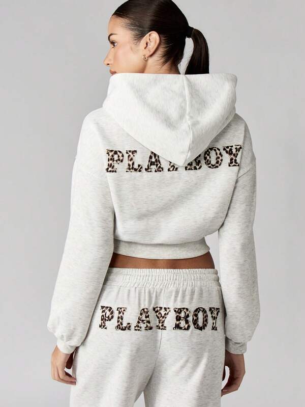 Missguided X Playboy Cropped Zip Up Hoodie With Leopard Print Text