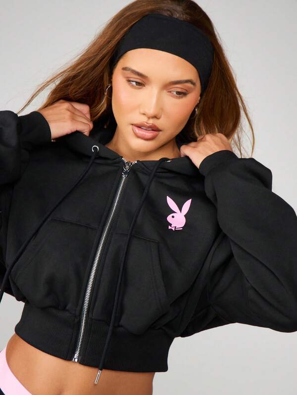 Missguided X Playboy Cropped Zip Up Hoodie With Pink Logo