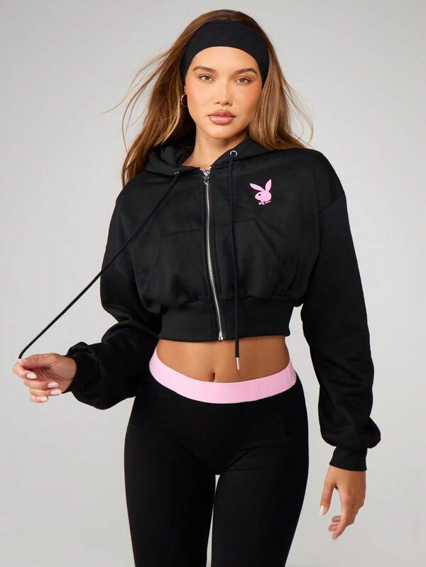 Missguided X Playboy Cropped Zip Up Hoodie With Pink Logo