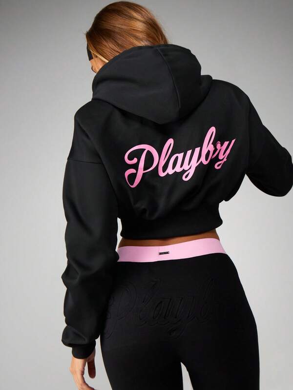 Missguided x Playboy Cropped Zip Up Hoodie With Pink Logo