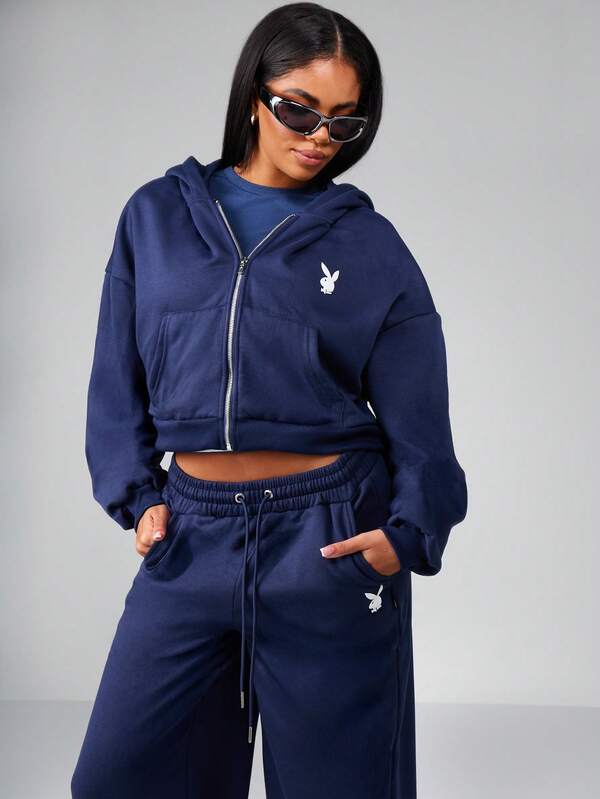 Missguided X Playboy Cropped Zip Up Hoodie With Puff Sleeves And Ribbed Hem