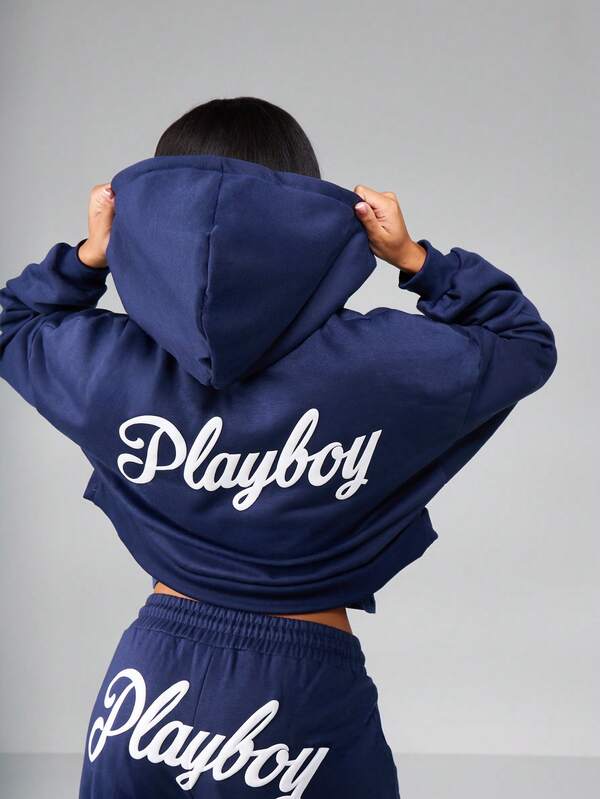 Missguided X Playboy Cropped Zip Up Hoodie With Puff Sleeves And Ribbed Hem