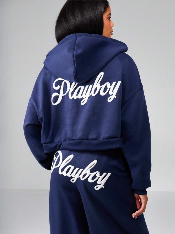 Missguided x Playboy Cropped Zip Up Hoodie With Puff Sleeves And Ribbed Hem