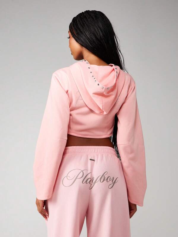 Missguided X Playboy Cropped Zip Up Hoodie With Rhinestone Logo
