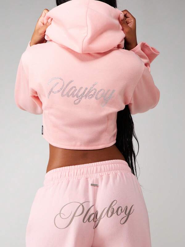 Missguided X Playboy Cropped Zip Up Hoodie With Rhinestone Logo