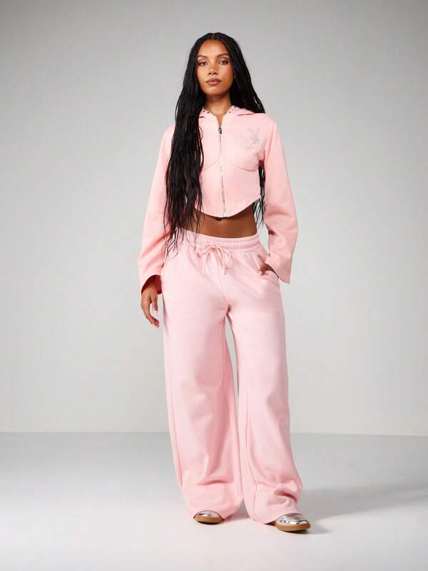 Missguided X Playboy Cropped Zip Up Hoodie With Rhinestone Logo