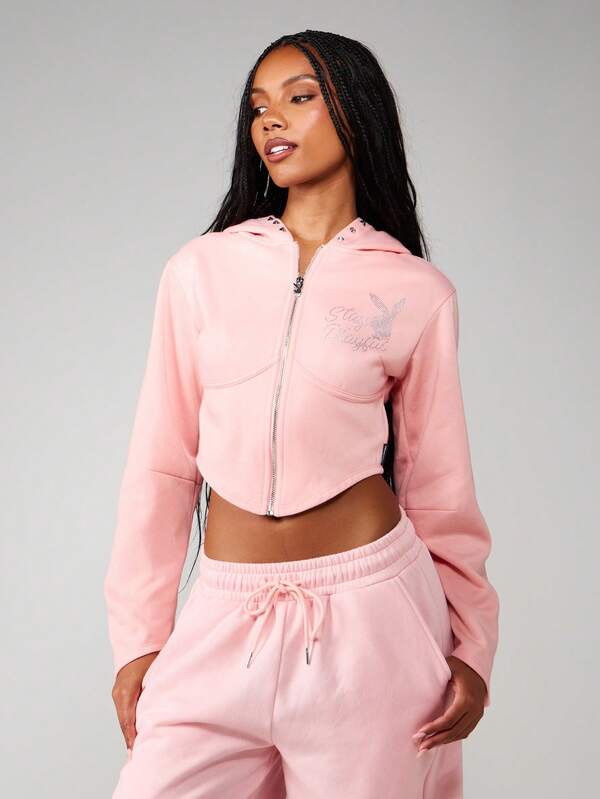 Missguided x Playboy Cropped Zip Up Hoodie With Rhinestone Logo