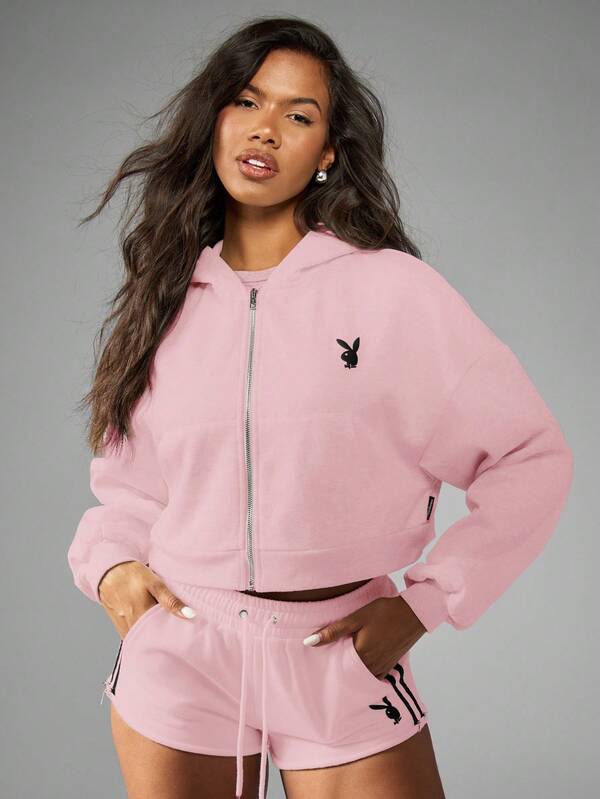 Missguided X Playboy Cropped Zip Up Hoodie With Script Logo And Balloon Sleeves