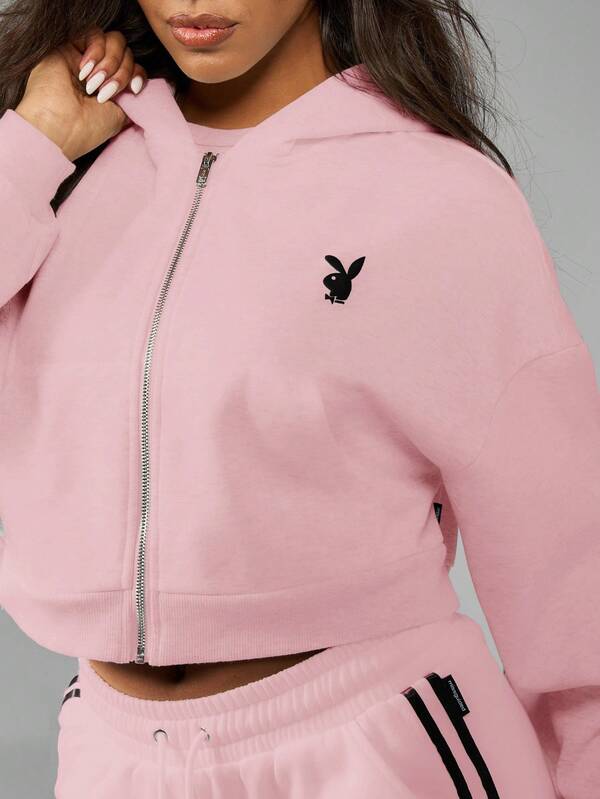 Missguided X Playboy Cropped Zip Up Hoodie With Script Logo And Balloon Sleeves