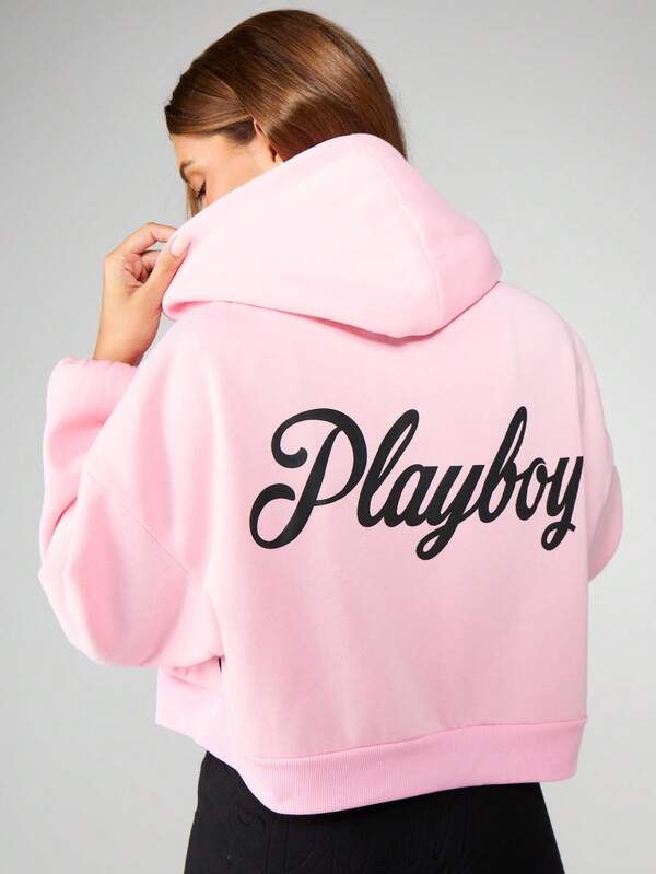 Missguided x Playboy Cropped Zip Up Hoodie With Script Logo And Balloon Sleeves